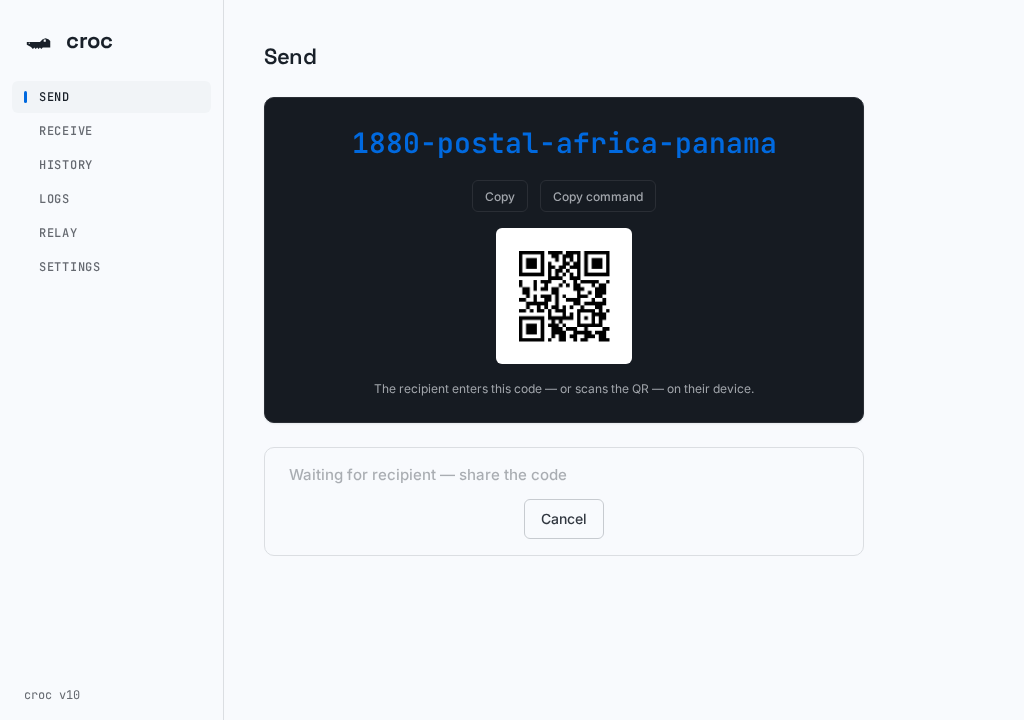 Sending files — pick a file or folder and get a code