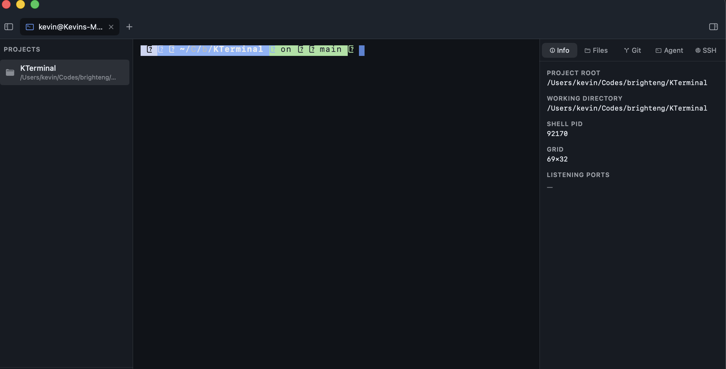 KTerminal workspace — projects rail, terminal center, Info / Files / Git / Agent side panel