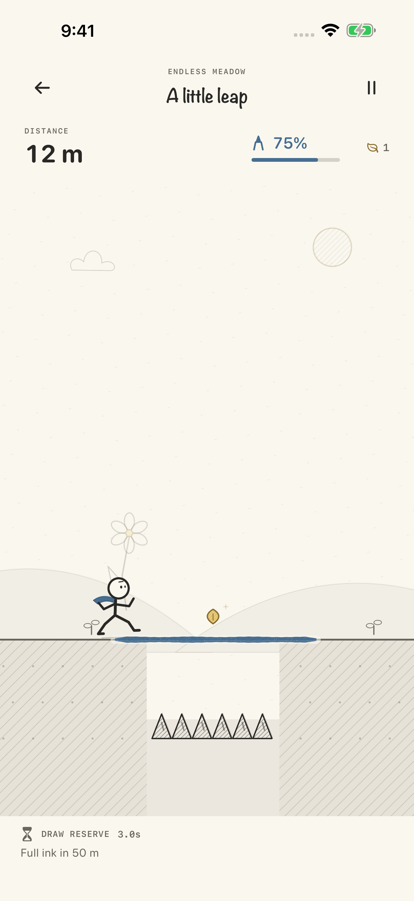 Milo in a blue scarf, running a pencil bridge toward a golden seed