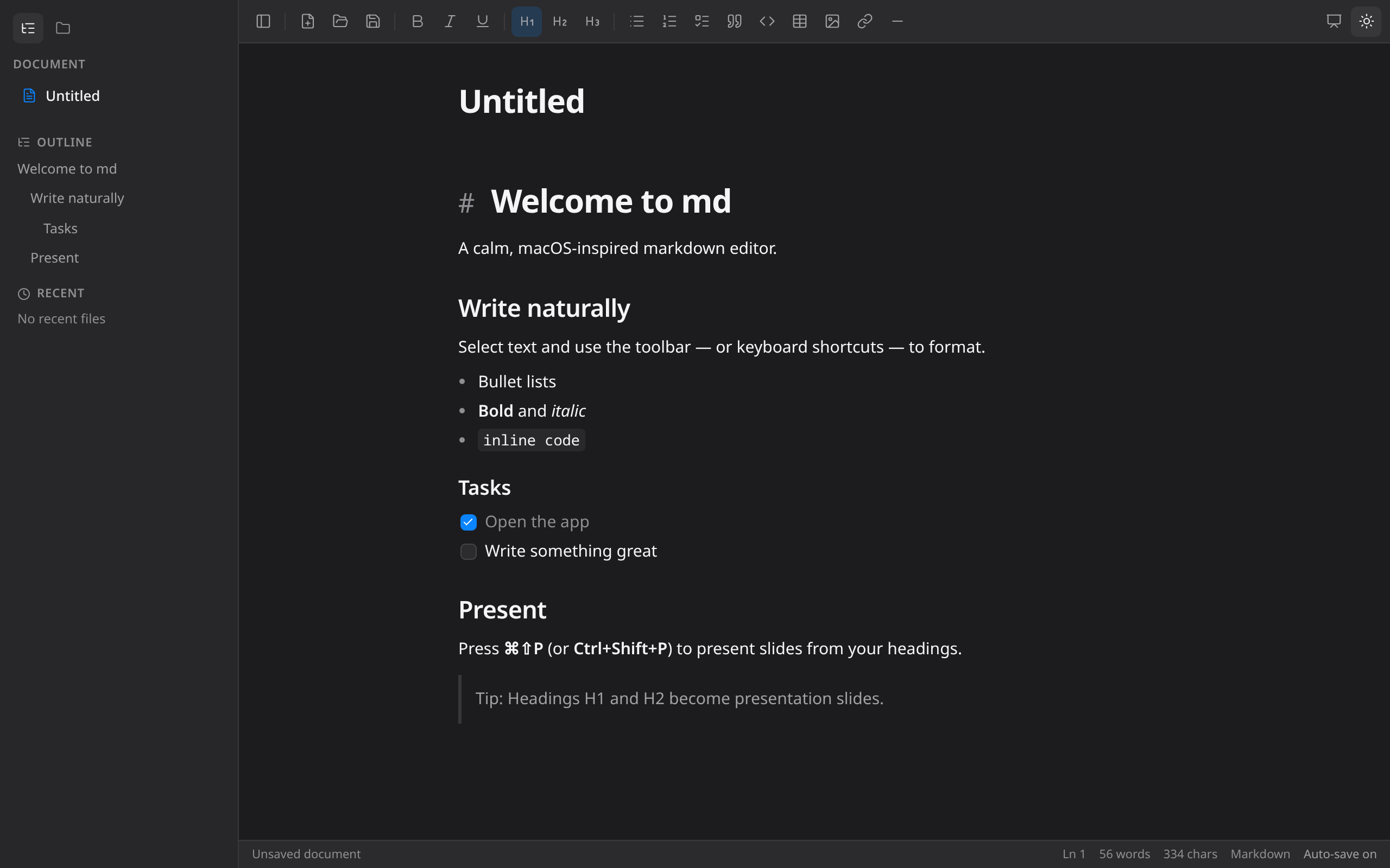 The editor, dark mode